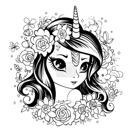 Illustration for Unicorn girl with flowers. Vector illustration in black and white. - Royalty Free Image
