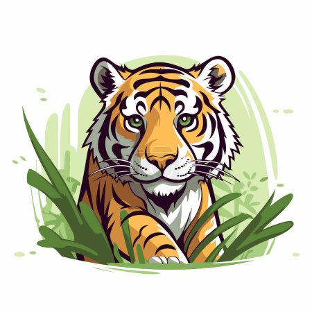 Téléchargez les illustrations : Tigre dans l'herbe. illustration vectorielle d'un animal sauvage. - en licence libre de droit