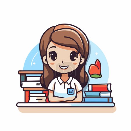 Téléchargez les illustrations : Une écolière assise au bureau avec des livres. Illustration vectorielle de dessin animé. - en licence libre de droit