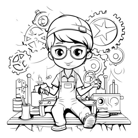 Illustration for Black and White Cartoon Illustration of Kid Repairman or Mechanic Character for Coloring Book - Royalty Free Image