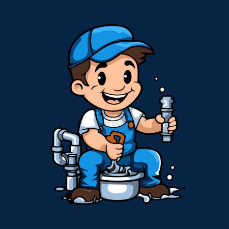Illustration for Plumber with a wrench. Vector illustration on a blue background. - Royalty Free Image