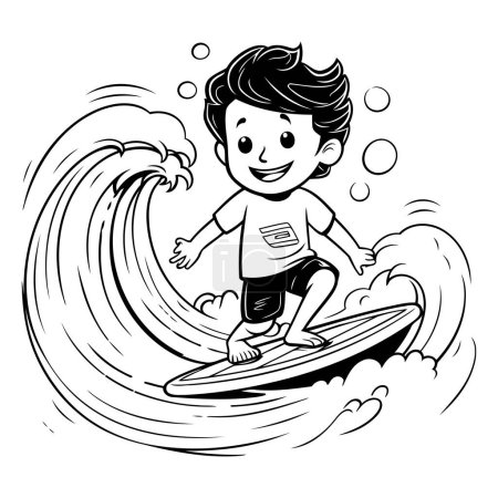 Illustration for Boy surfing on a wave. Black and white vector illustration for coloring book. - Royalty Free Image