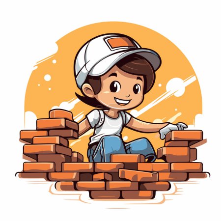 Téléchargez les illustrations : Joli garçon construisant un mur de briques. Illustration vectorielle dans le style dessin animé. - en licence libre de droit