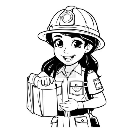 Illustration for Black and white illustration of a firewoman holding a bag of food - Royalty Free Image