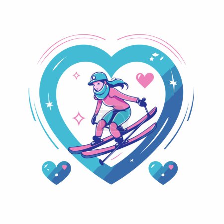 Illustration for Vector illustration of a girl skiing in the shape of a heart. - Royalty Free Image