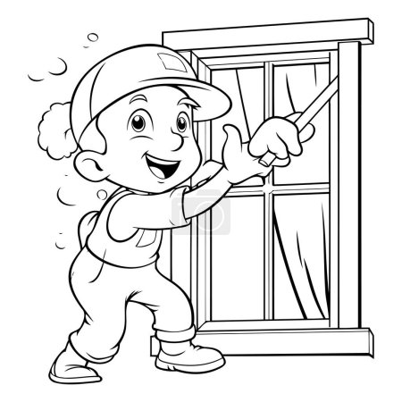 Illustration for Black and White Cartoon Illustration of Cute Little Boy Repairing Window - Royalty Free Image