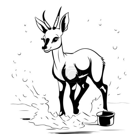 Téléchargez les illustrations : Antilope avec un seau d'eau. Illustration vectorielle noir et blanc. - en licence libre de droit
