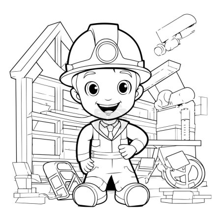 Ilustración de Dibujos animados en blanco y negro Ilustración de un niño en un lugar de trabajo de construcción Libro para colorear - Imagen libre de derechos