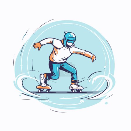 Téléchargez les illustrations : Skateboarder sur la glace. Illustration vectorielle dans le style dessin animé. - en licence libre de droit