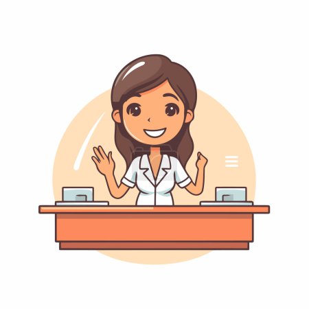 Illustration for Female receptionist at reception desk. Vector illustration in cartoon style. - Royalty Free Image