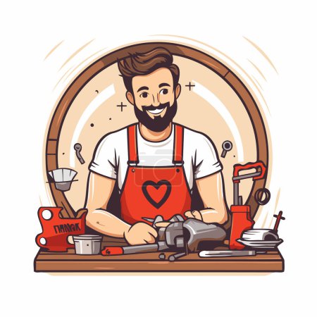 Téléchargez les illustrations : Un bel homme dans un tablier qui fait du café. Illustration vectorielle. - en licence libre de droit