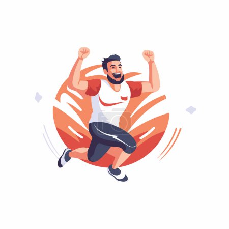 Illustration for Happy man in sportswear jumping and waving his hands. Vector illustration. - Royalty Free Image