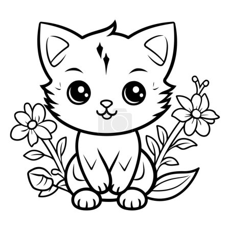 Ilustración de Lindo gato con flores. Libro para colorear para niños y adultos. - Imagen libre de derechos