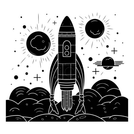 Téléchargez les illustrations : Fusée spatiale en illustration vectorielle noir et blanc pour livre ou page à colorier - en licence libre de droit