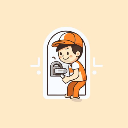 Illustration for Vector illustration of a worker opening the door. Flat design style. - Royalty Free Image