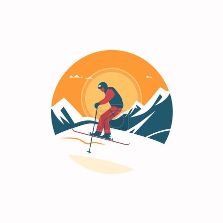 Ilustración de Esquiador en las montañas. Ilustración vectorial de estilo plano sobre fondo blanco. - Imagen libre de derechos