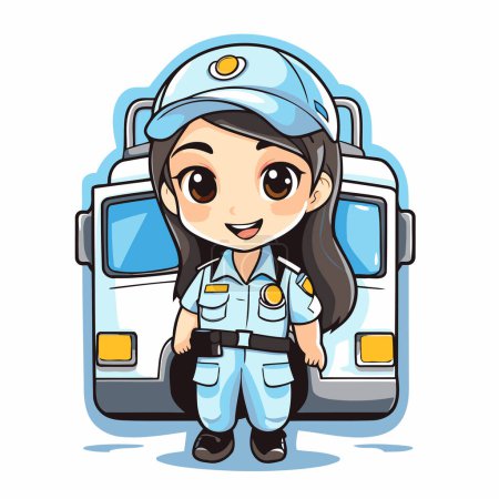 Téléchargez les illustrations : Jolie petite fille en uniforme de police avec ambulance. Illustration vectorielle. - en licence libre de droit