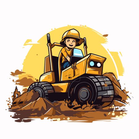 Téléchargez les illustrations : Bulldozer sur le terrain. Illustration vectorielle d'un personnage de dessin animé. - en licence libre de droit