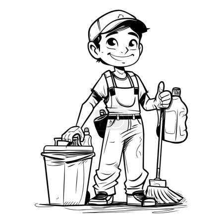 Illustration for Cleaning service worker cartoon vector illustration graphic design in black and white - Royalty Free Image