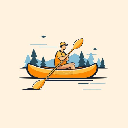 Ilustración de Un hombre en un kayak en el río. Ilustración de vector de estilo plano. - Imagen libre de derechos