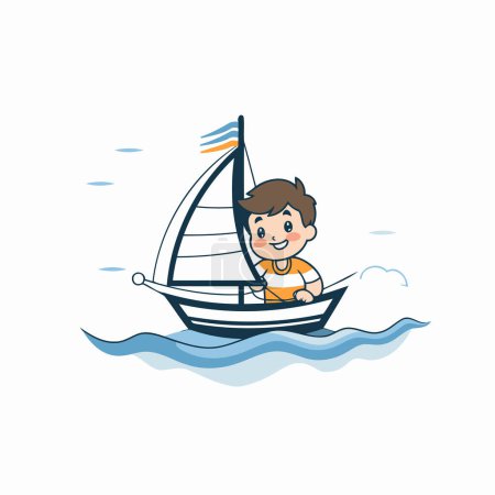 Ilustración de Chico navegando en un velero en el mar. ilustración vectorial. - Imagen libre de derechos
