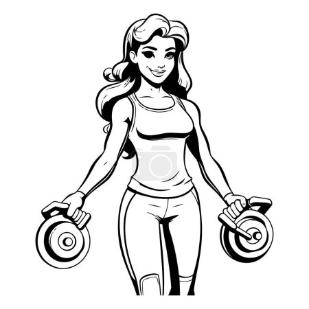 Téléchargez les illustrations : Fitness fille avec haltères. Illustration vectorielle en noir et blanc. - en licence libre de droit