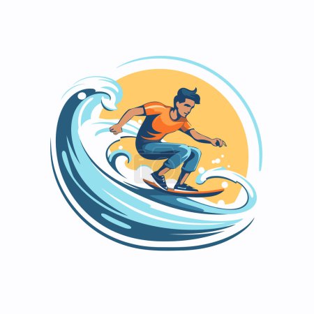 Illustration for Surfer on the wave. Vector illustration in a flat style. - Royalty Free Image