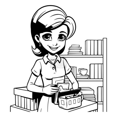Téléchargez les illustrations : Illustration de bande dessinée en noir et blanc d'une adolescente lisant un livre à la maison - en licence libre de droit