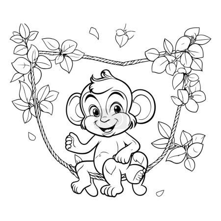 Illustration for Cute baby monkey sitting on a rope. Coloring book for children. - Royalty Free Image