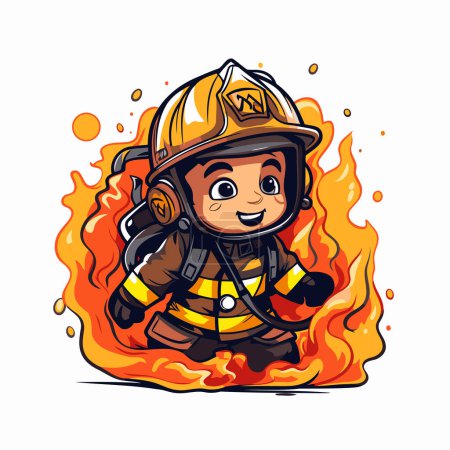 Illustration for Cute cartoon fireman with helmet and flame. Vector illustration. - Royalty Free Image