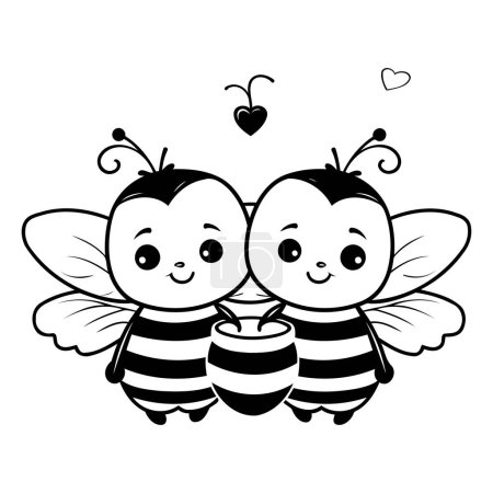 Téléchargez les illustrations : Mignon couple d'abeilles avec des nids d'abeilles personnages dessin animé vecteur illustration conception graphique - en licence libre de droit