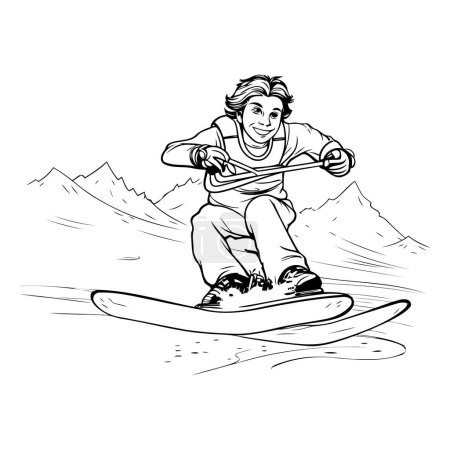 Snowboarder in den Bergen. Schwarz-weiße Vektorabbildung