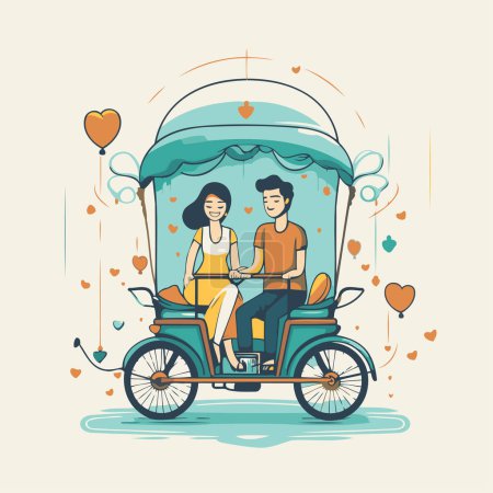Illustration for Couple riding a tuk tuk in love. Vector illustration. - Royalty Free Image