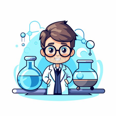 Illustration for Scientist boy in lab coat and glasses. Vector illustration in cartoon style - Royalty Free Image