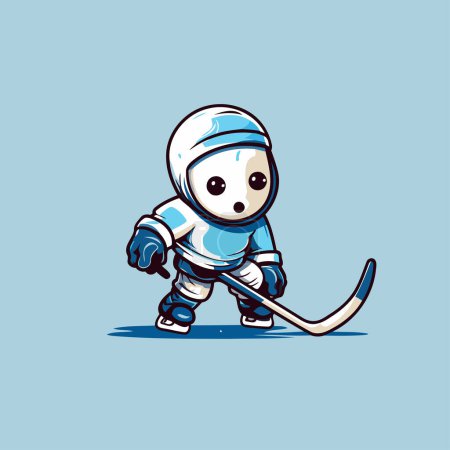 Lindo jugador de hockey de dibujos animados. Ilustración vectorial sobre fondo azul.