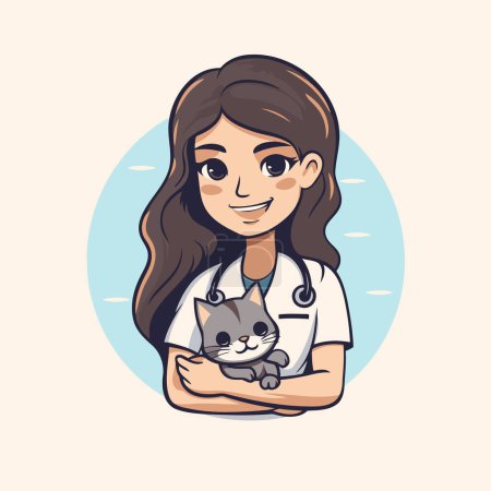 Téléchargez les illustrations : Femme vétérinaire avec chat. Illustration vectorielle dans le style dessin animé. - en licence libre de droit