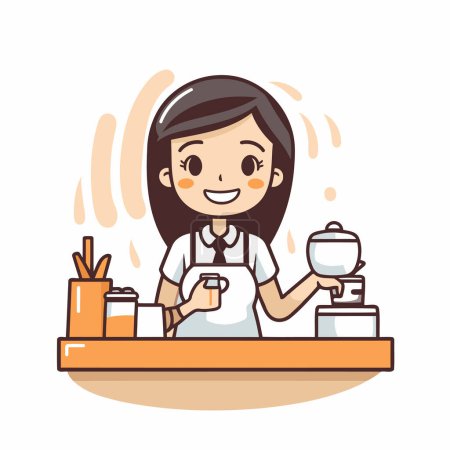 Illustration for Girl barista making coffee in cafe. Vector flat cartoon illustration. - Royalty Free Image