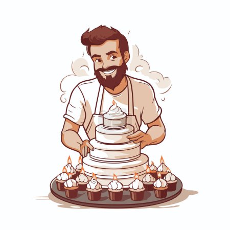 Ilustración de Chef guapo con un gran pastel. Ilustración vectorial sobre fondo blanco. - Imagen libre de derechos