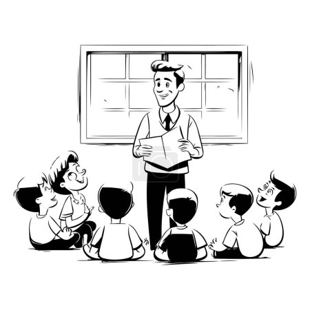 Illustration for Children and teacher at school. black and white vector cartoon illustration. - Royalty Free Image