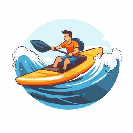 Illustration for Man in a kayak on a sea wave. Vector illustration. - Royalty Free Image