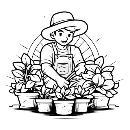 Ilustración de Jardinero con flores en macetas. Ilustración vectorial en blanco y negro. - Imagen libre de derechos