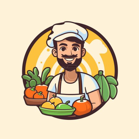 Illustration for Handsome man in chef hat and apron with fruits. Vector illustration. - Royalty Free Image