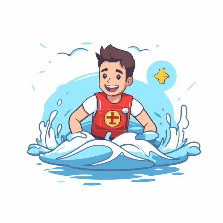 Illustration for Cartoon boy surfing in the waves. Vector illustration on white background. - Royalty Free Image