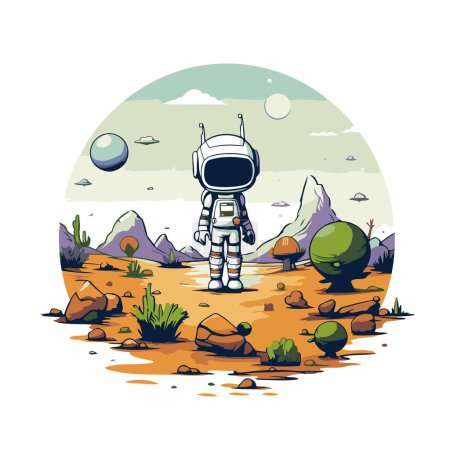 Téléchargez les illustrations : Astronaute dans le désert. Illustration vectorielle sur fond blanc. - en licence libre de droit