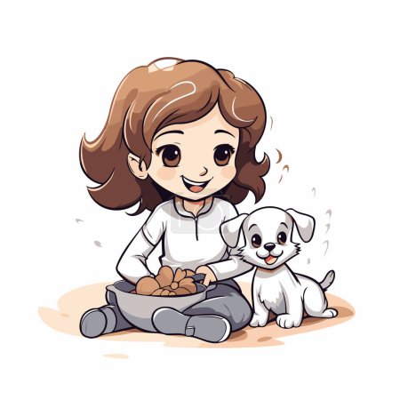 Illustration for Cute little girl with her dog. Vector illustration on white background. - Royalty Free Image