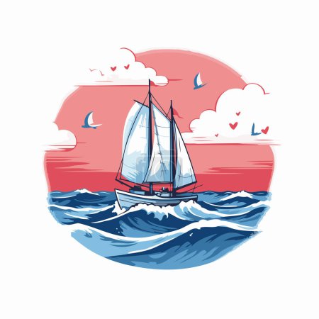 Téléchargez les photos : Bateau à voile dans la mer. Illustration vectorielle sur fond blanc. - en image libre de droit