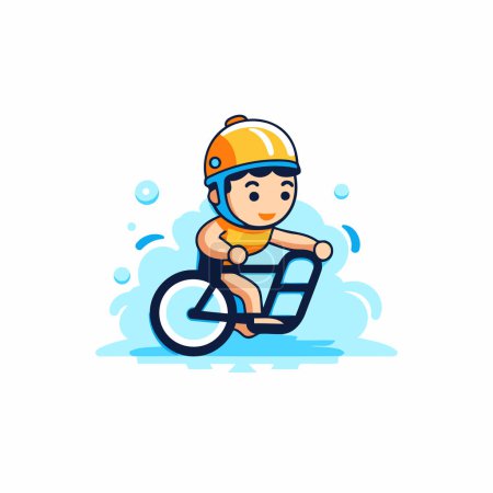 Illustration for Little boy in helmet riding a bicycle. Flat style vector illustration. - Royalty Free Image