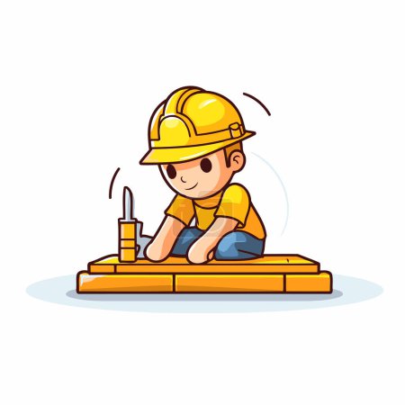 Ilustración de Lindo niño con casco y taladro. Trabajador de construcción. Ilustración vectorial - Imagen libre de derechos