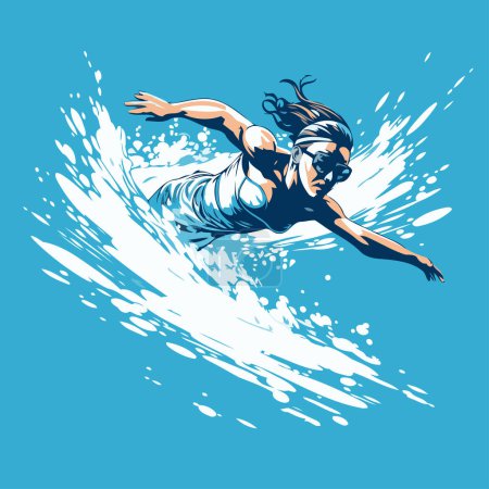 Illustration for Surfer girl on surfboard. Extreme sport. Vector illustration. - Royalty Free Image