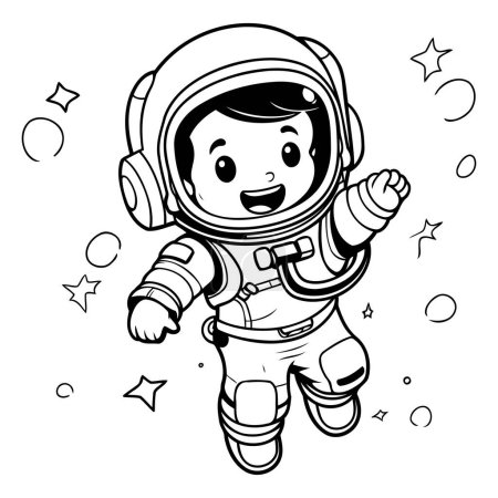 Illustration for Cute astronaut boy in spacesuit. black and white vector illustration - Royalty Free Image